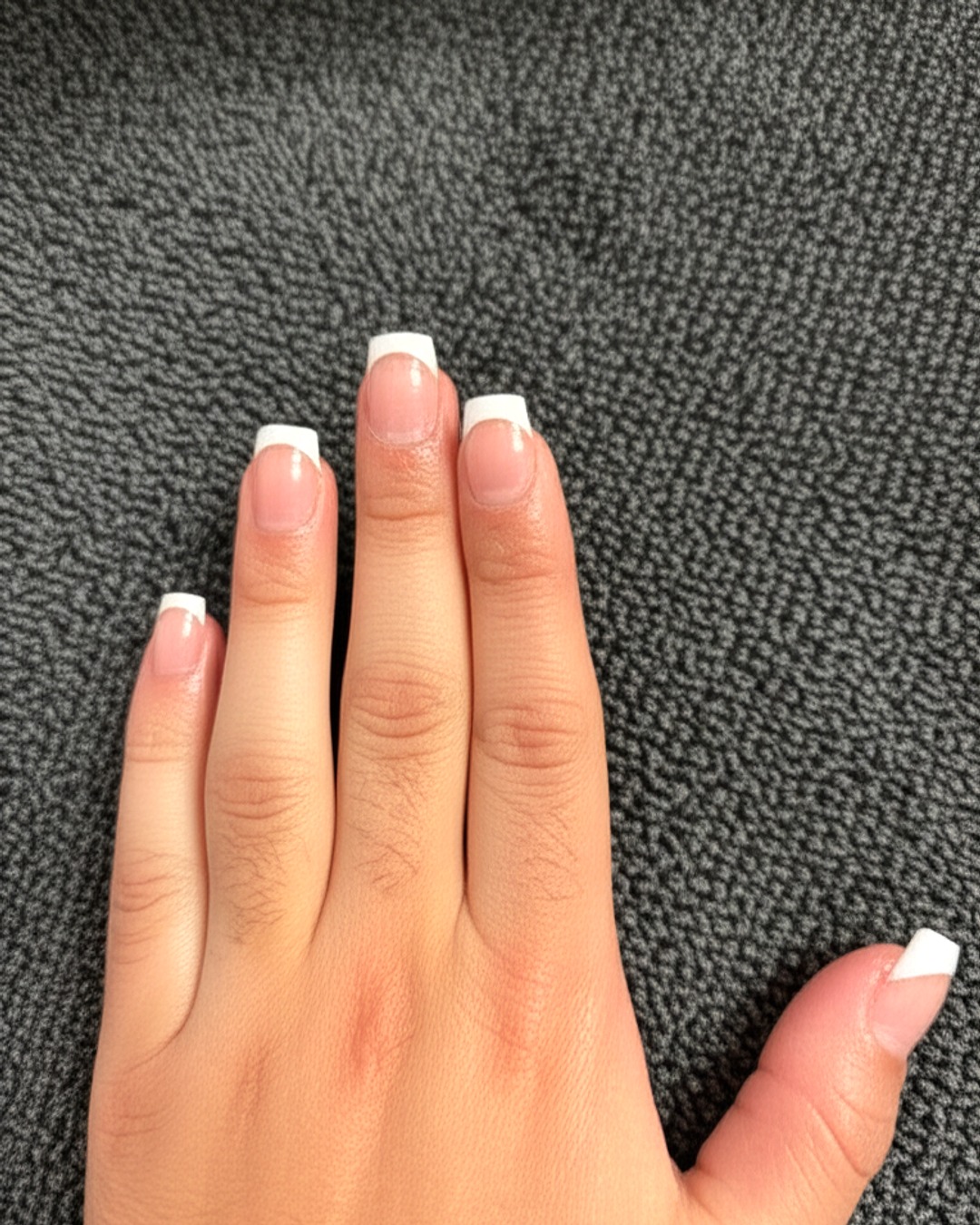 white french tip nails with nude base, square shape, long length, glossy finish