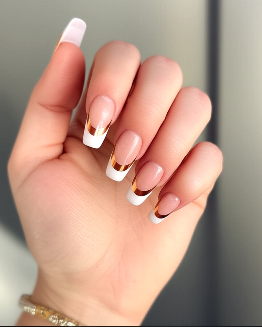copper almond long french tip nails with soft-peach base and pearlescent finish - virtual try-on result