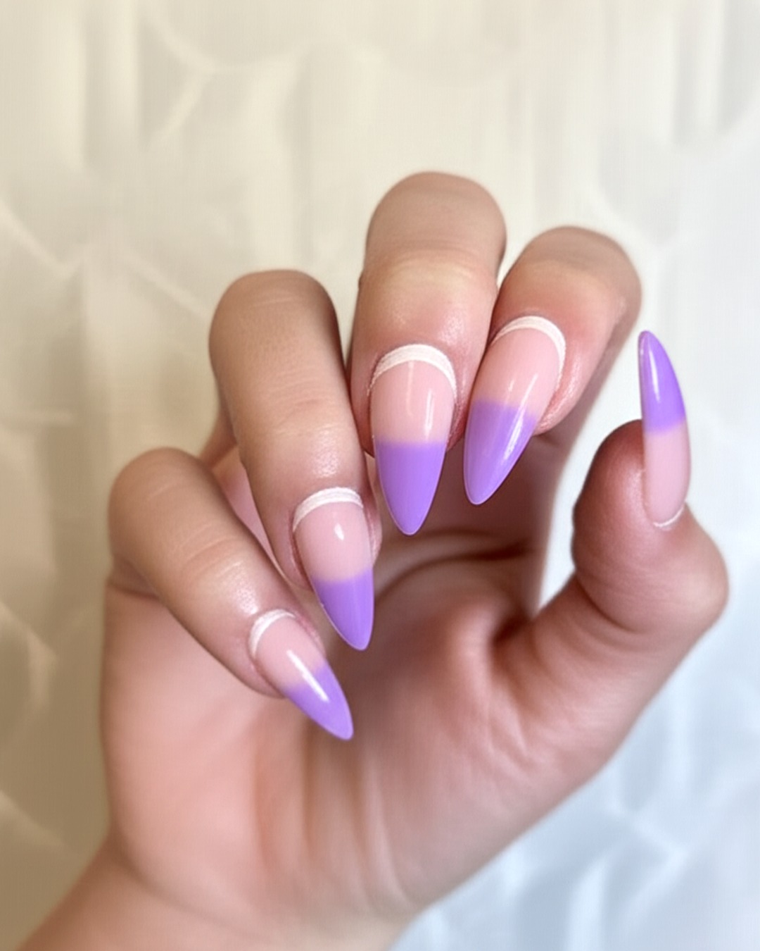 lilac stiletto French Tip Nails - medium glossy lilac french tip nails with ombre-pink base, stiletto shape, medium length, glossy finish