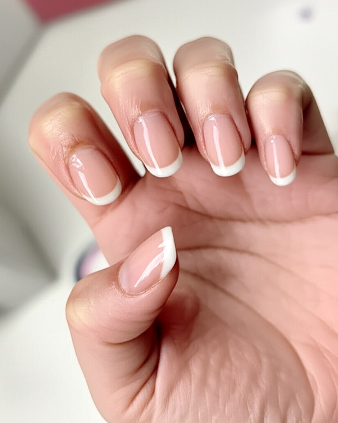 white almond French Tips white almond medium french tip nails with beige base and glossy finish - virtual try-on result