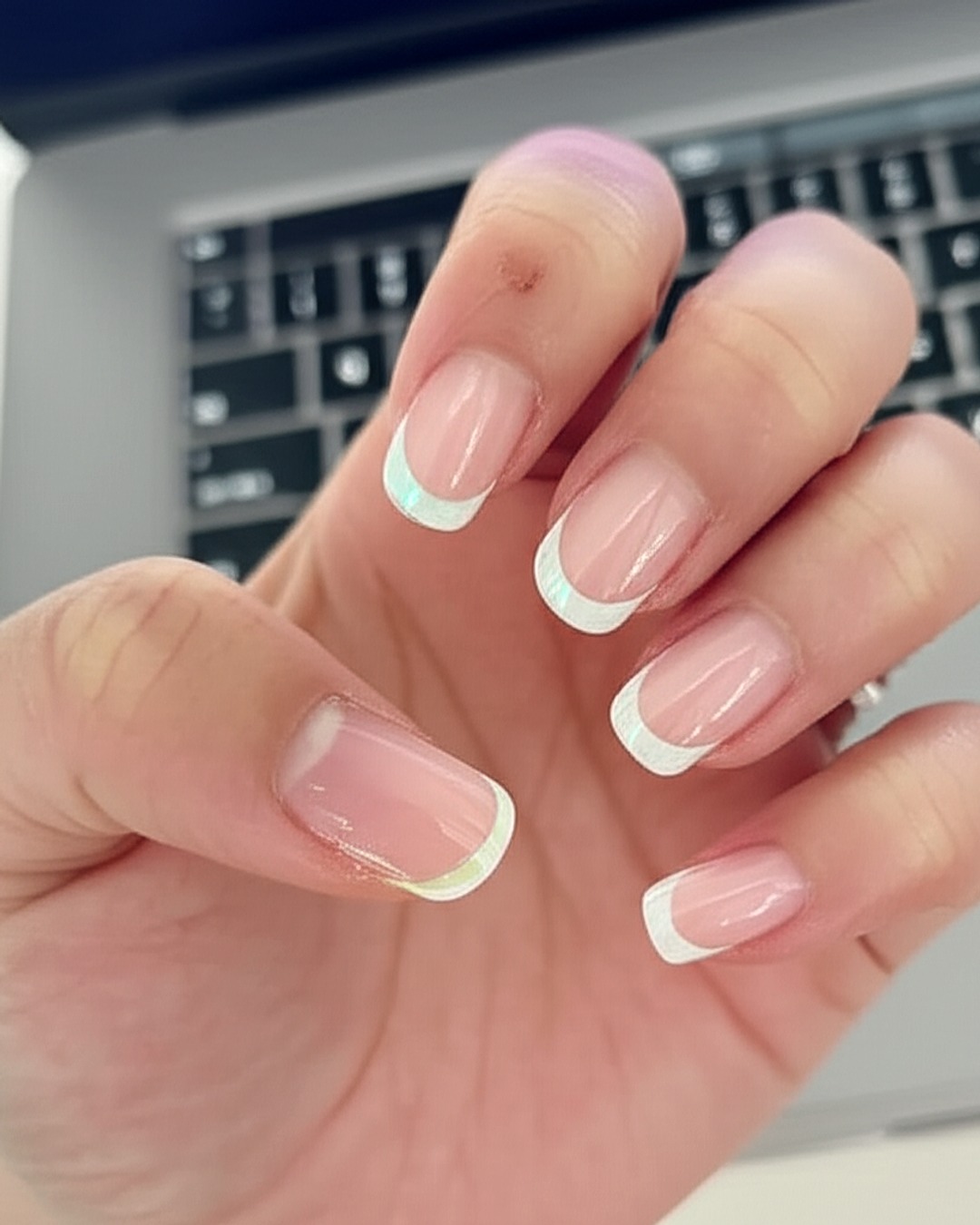 multicolor squoval long french tip nails with milky-white base and holographic finish - virtual try-on result