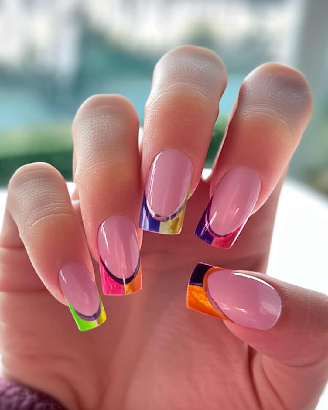 multicolor lipstick French Tip Nails - long cat-eye Manicure multicolor french tip nails with soft-lavender base, lipstick shape, long length, cat-eye finish