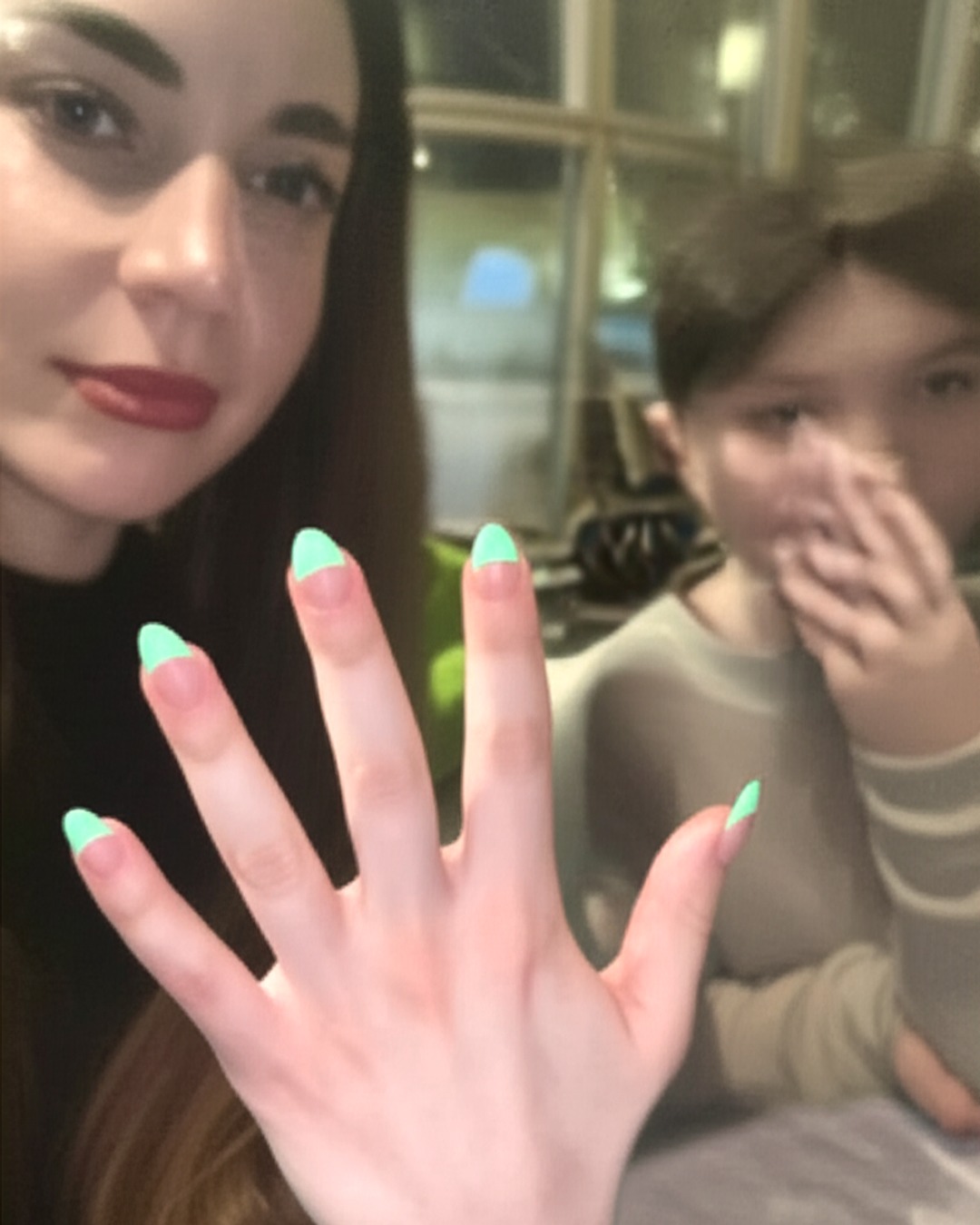 mint-green almond French Tip Nails - medium glossy mint-green french tip nails with natural base, almond shape, medium length, glossy finish