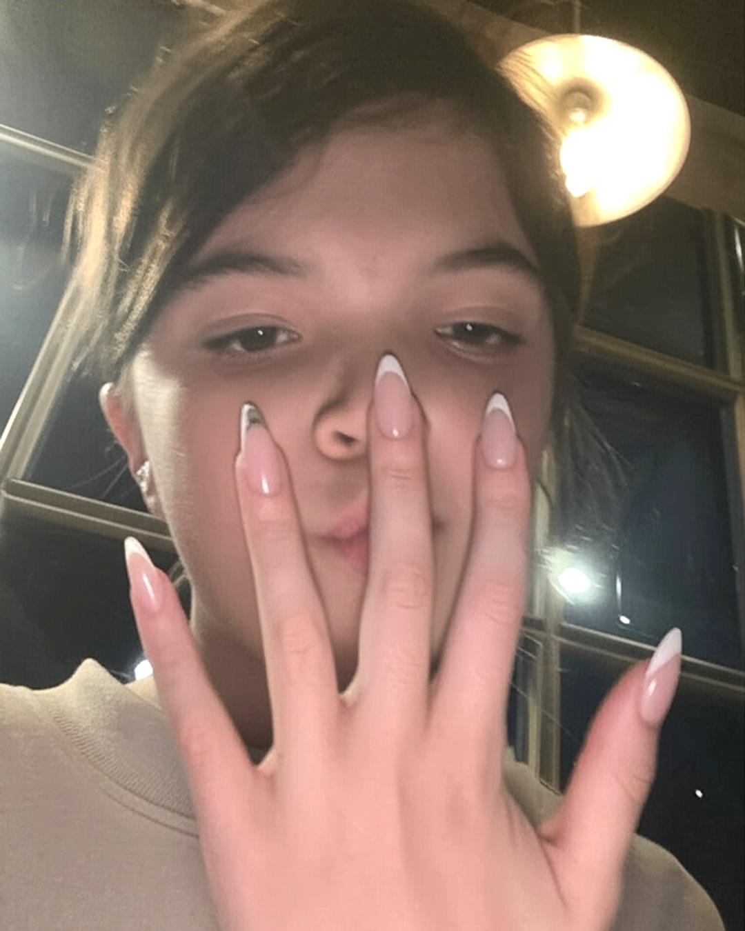 glitter almond French Tip Nails - medium glossy glitter french tip nails with natural base, almond shape, medium length, glossy finish