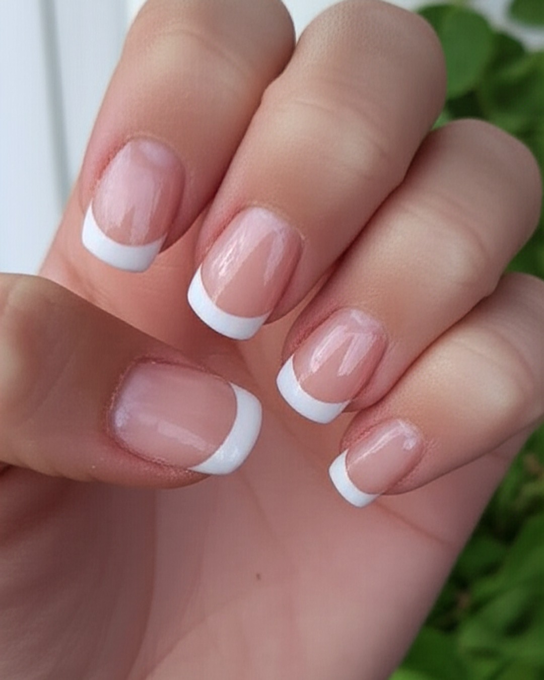 white almond French Tip Nails - short glossy white french tip nails with clear base, almond shape, short length, glossy finish