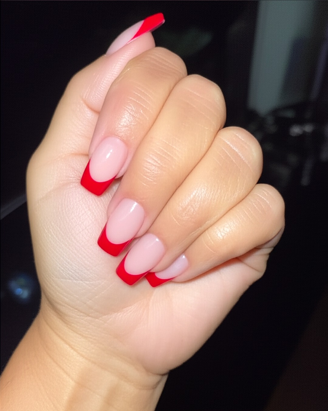 ruby coffin French Tip Nails - medium glossy ruby french tip nails with natural base, coffin shape, medium length, glossy finish