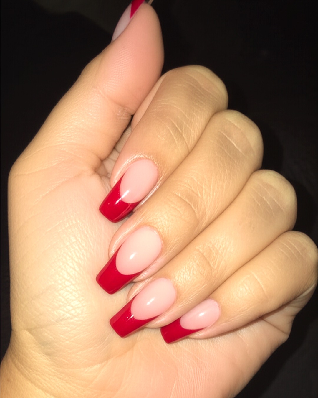 ruby coffin French Tip Nails - medium glossy ruby french tip nails with natural base, coffin shape, medium length, glossy finish