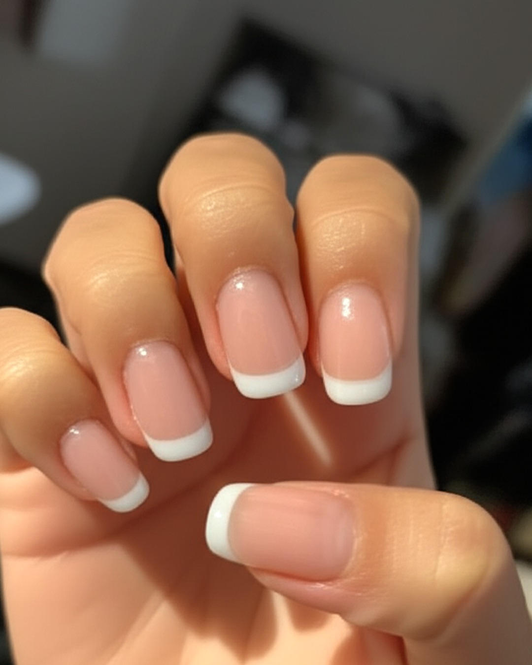 white french tip nails with natural base, round shape, medium length, glossy finish