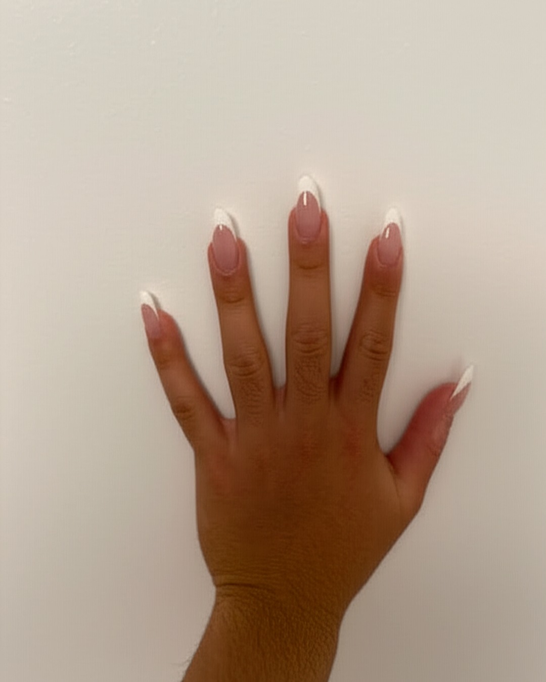 white almond French Tip Nails - extra-long glossy white french tip nails with blush-pink base, almond shape, extra-long length, glossy finish