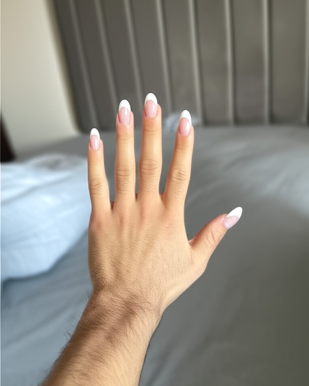 white squoval extra-long french tip nails with natural base and glossy finish - virtual try-on result