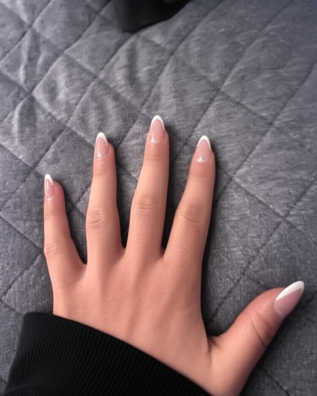 white stiletto French Tip Nails - extra-long glossy white french tip nails with natural base, stiletto shape, extra-long length, glossy finish