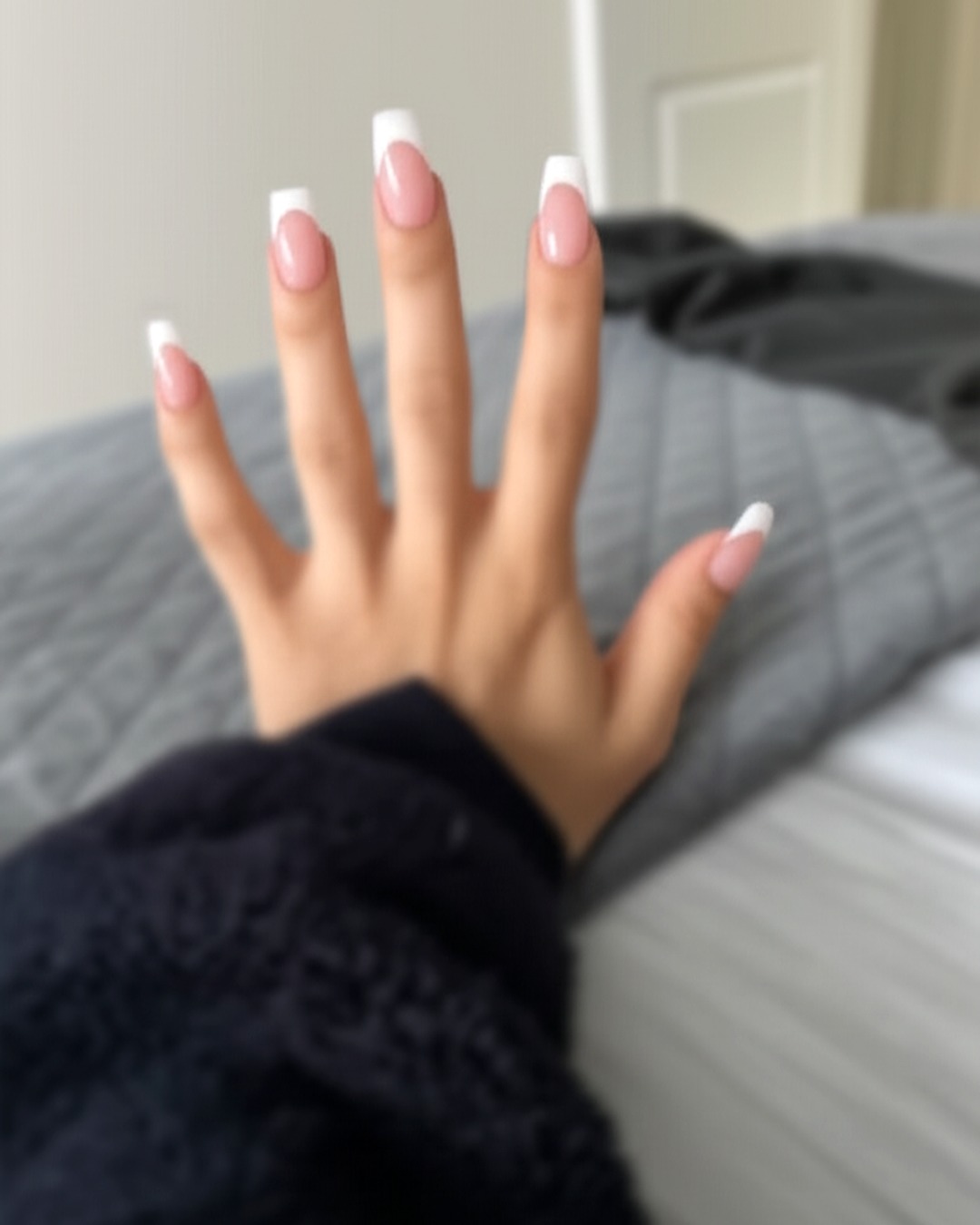 white squoval extra-long french tip nails with blush-pink base and glossy finish - virtual try-on result