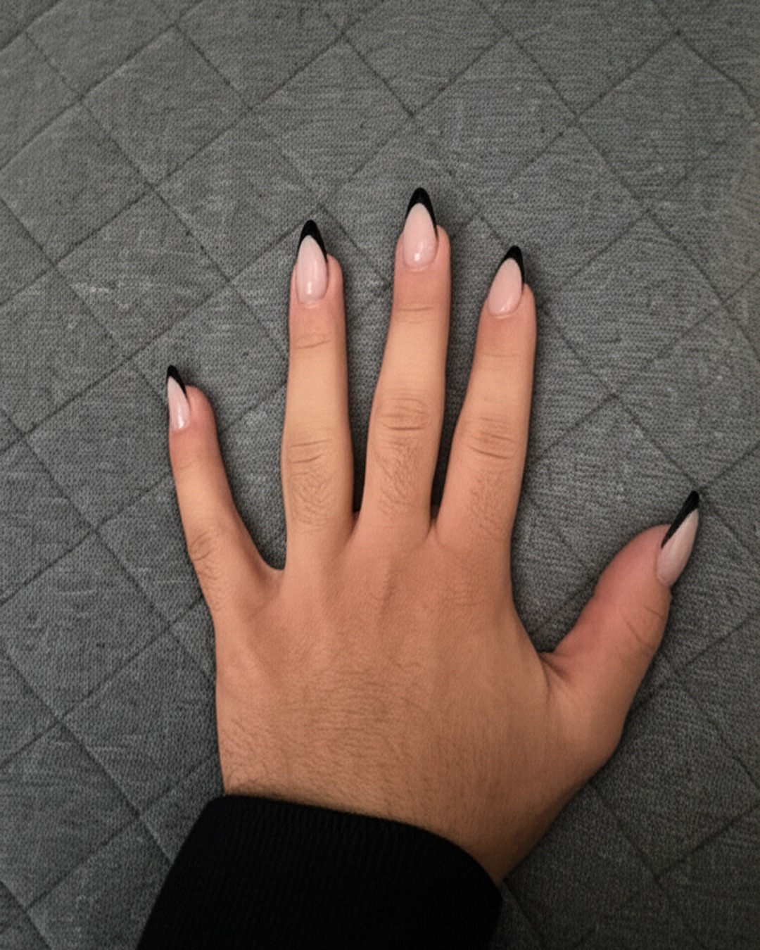 black almond French Tip Nails - extra-long glossy black french tip nails with natural base, almond shape, extra-long length, glossy finish