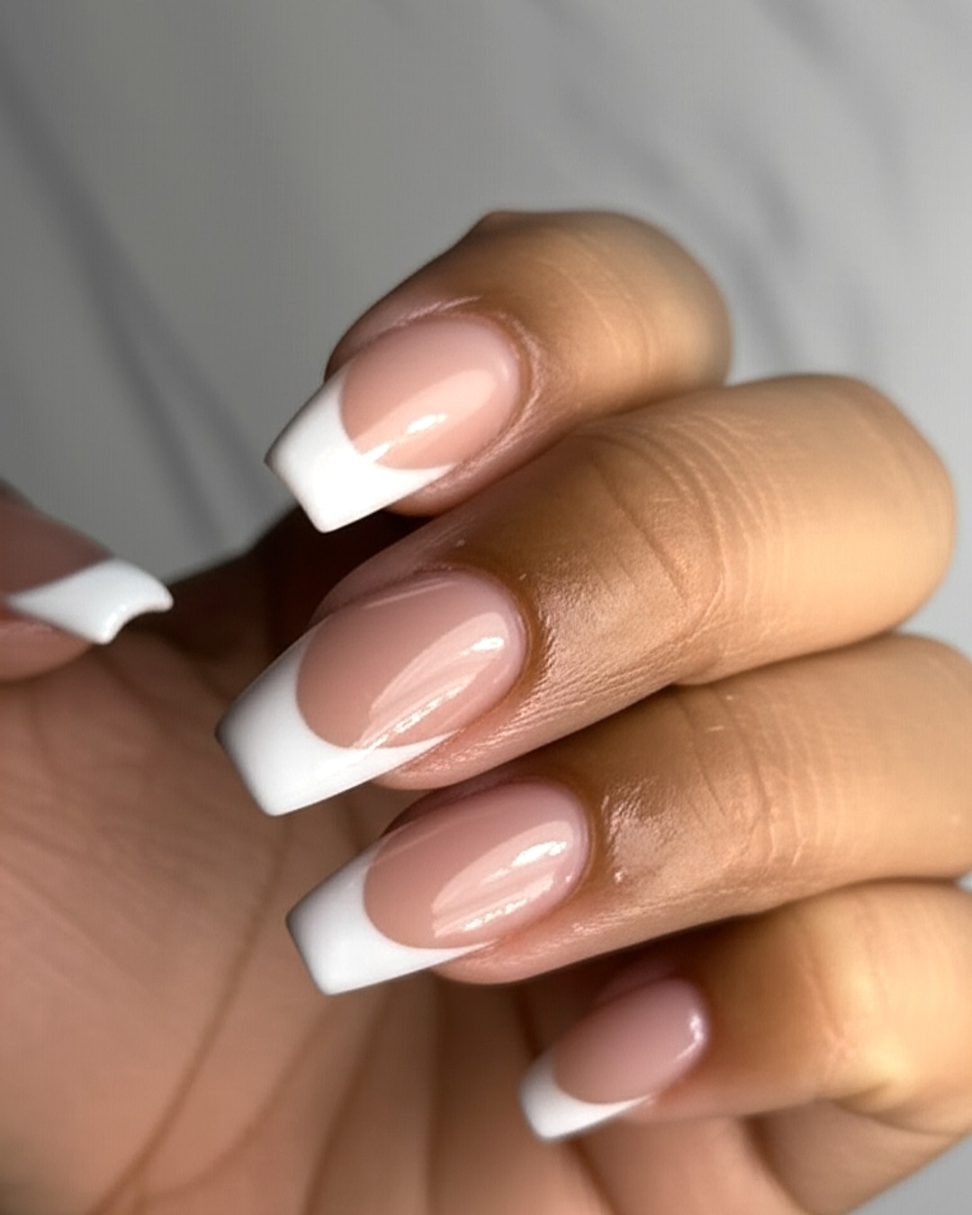white squoval French Tip Nails - extra-long glossy white french tip nails with blush-pink base, squoval shape, extra-long length, glossy finish