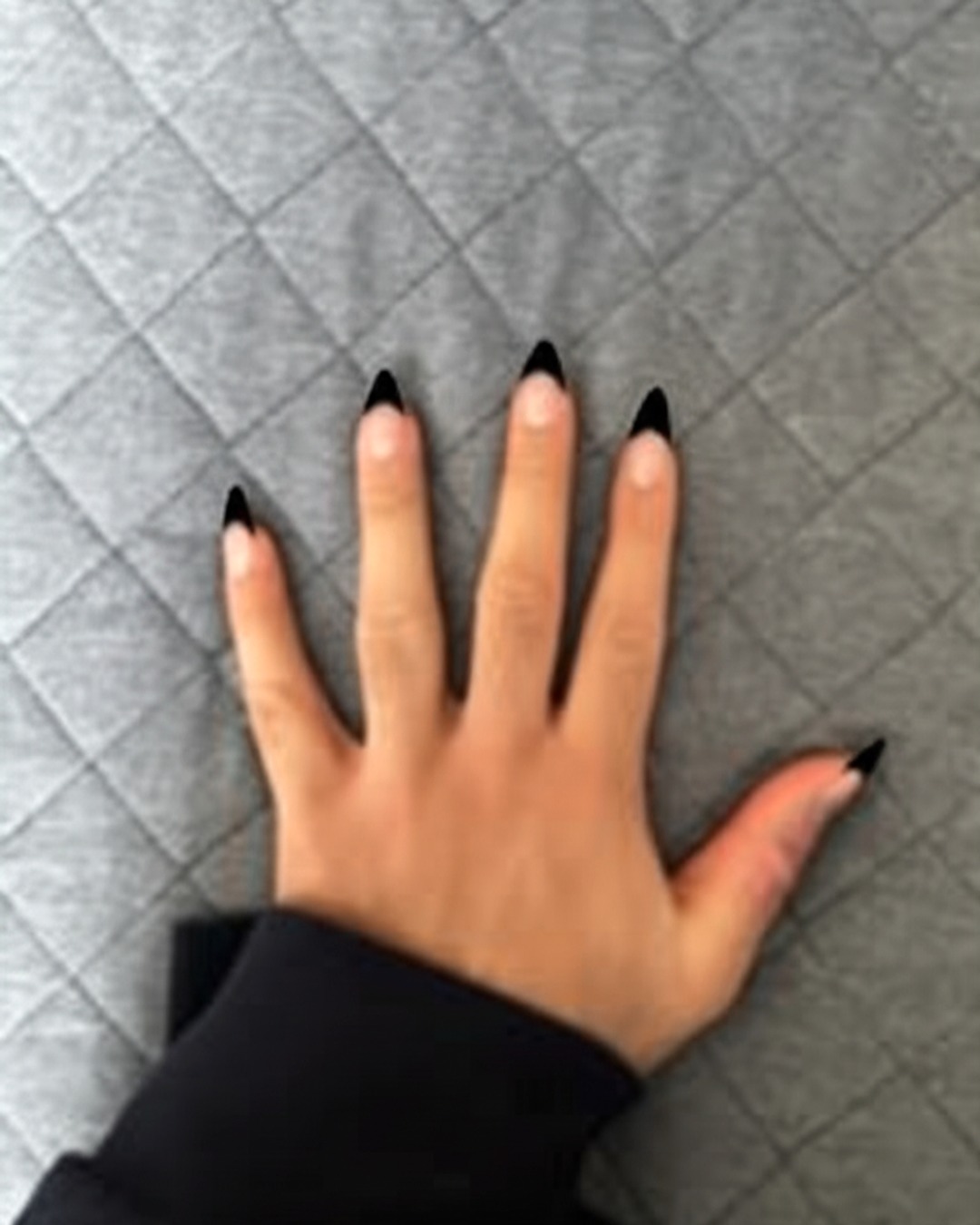 black almond French Tip Nails - extra-long glossy black french tip nails with natural base, almond shape, extra-long length, glossy finish