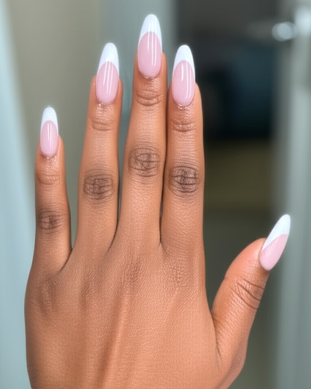 white almond French Tip Nails - extra-long glossy white french tip nails with soft-lavender base, almond shape, extra-long length, glossy finish