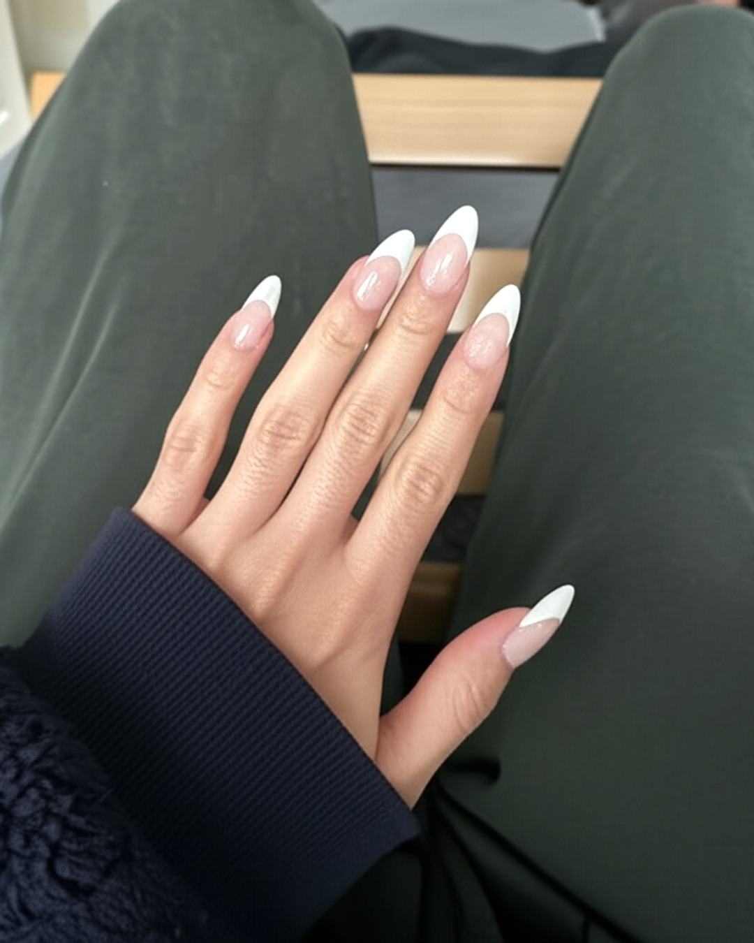 white almond French Tips white almond extra-long french tip nails with soft-lavender base and glossy finish - virtual try-on result