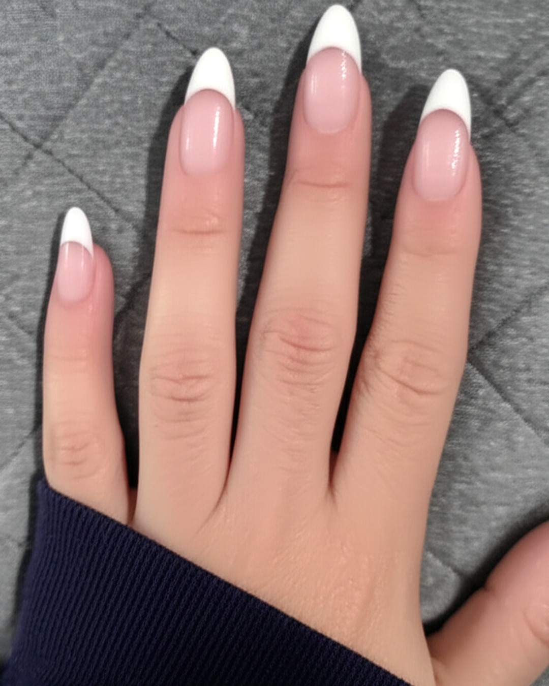 white almond French Tip Nails - extra-long matte white french tip nails with natural base, almond shape, extra-long length, matte finish