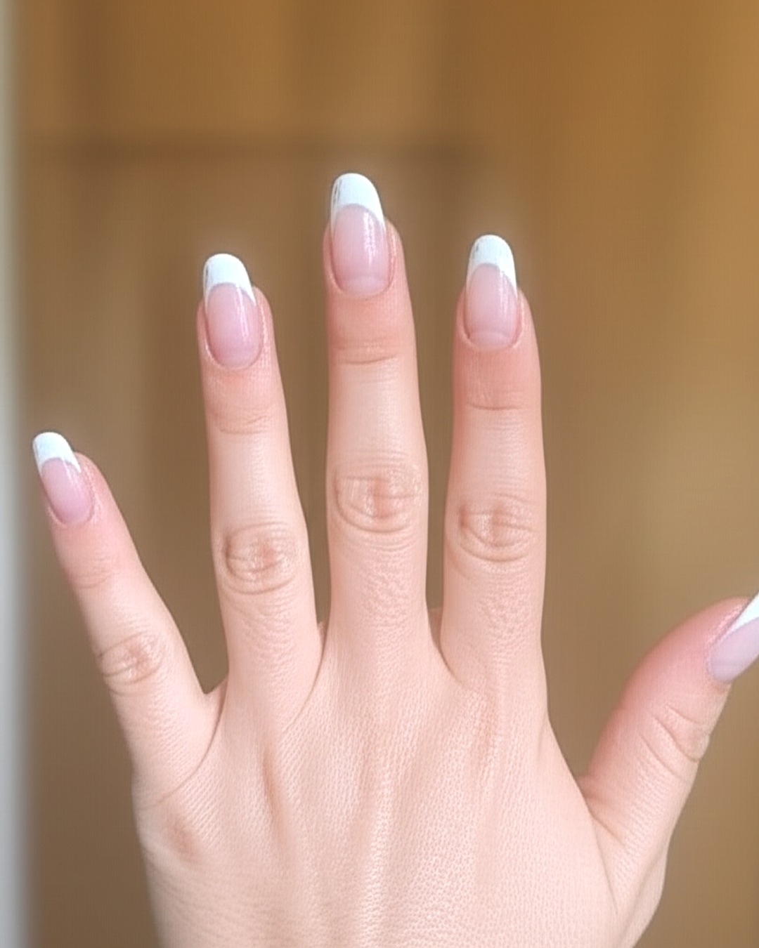 white almond French Tip Nails - medium glossy white french tip nails with natural base, almond shape, medium length, glossy finish