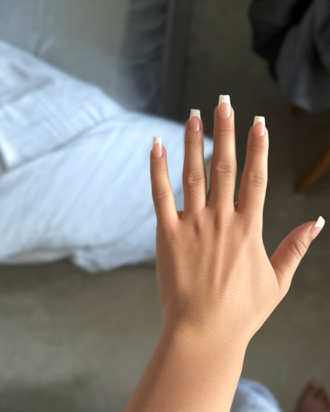 white coffin extra-long french tip nails with blush-pink base and glossy finish - virtual try-on result