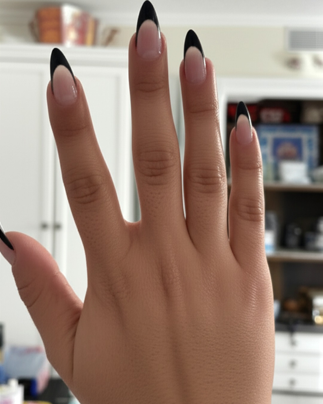 black almond French Tip Nails - extra-long glossy black french tip nails with natural base, almond shape, extra-long length, glossy finish