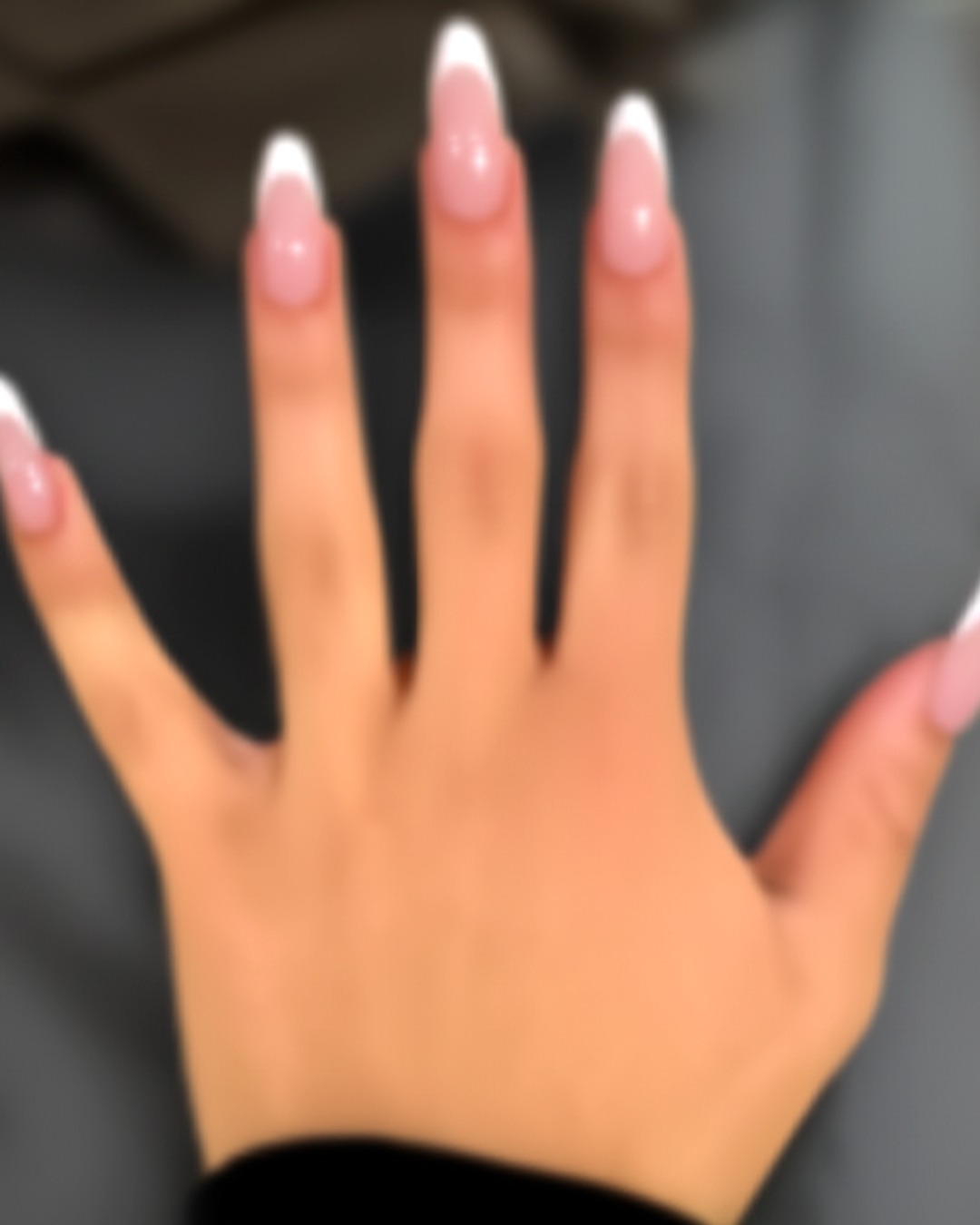 white almond French Tip Nails - extra-long glossy white french tip nails with blush-pink base, almond shape, extra-long length, glossy finish