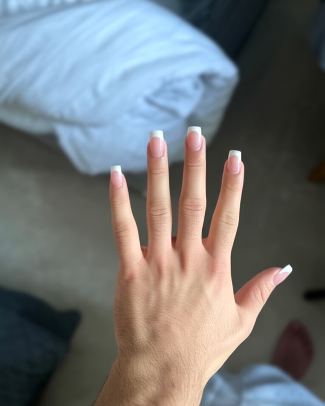 white square long french tip nails with blush-pink base and glossy finish - virtual try-on result