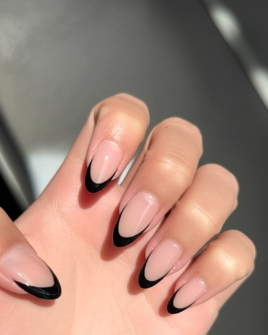 black almond French Tip Nails - extra-long glossy black french tip nails with natural base, almond shape, extra-long length, glossy finish