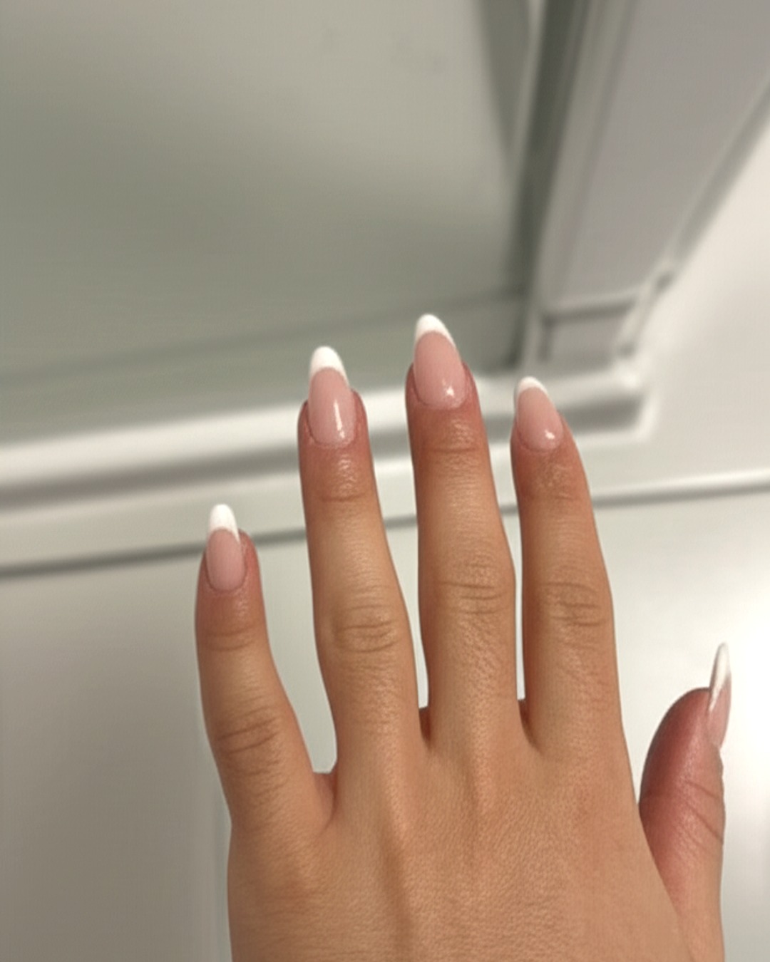 white almond French Tip Nails - extra-long glossy white french tip nails with clear base, almond shape, extra-long length, glossy finish