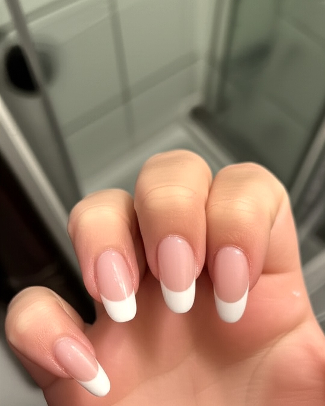 white almond French Tip Nails - extra-long glossy white french tip nails with soft-peach base, almond shape, extra-long length, glossy finish