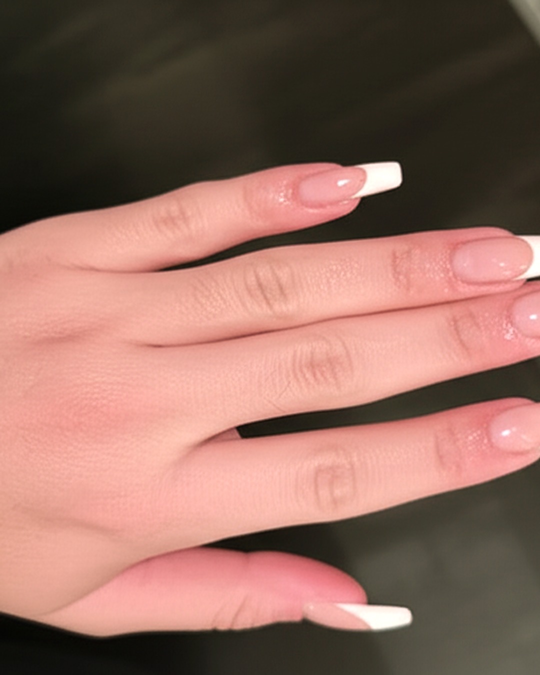 white squoval French Tip Nails - extra-long glossy white french tip nails with beige base, squoval shape, extra-long length, glossy finish