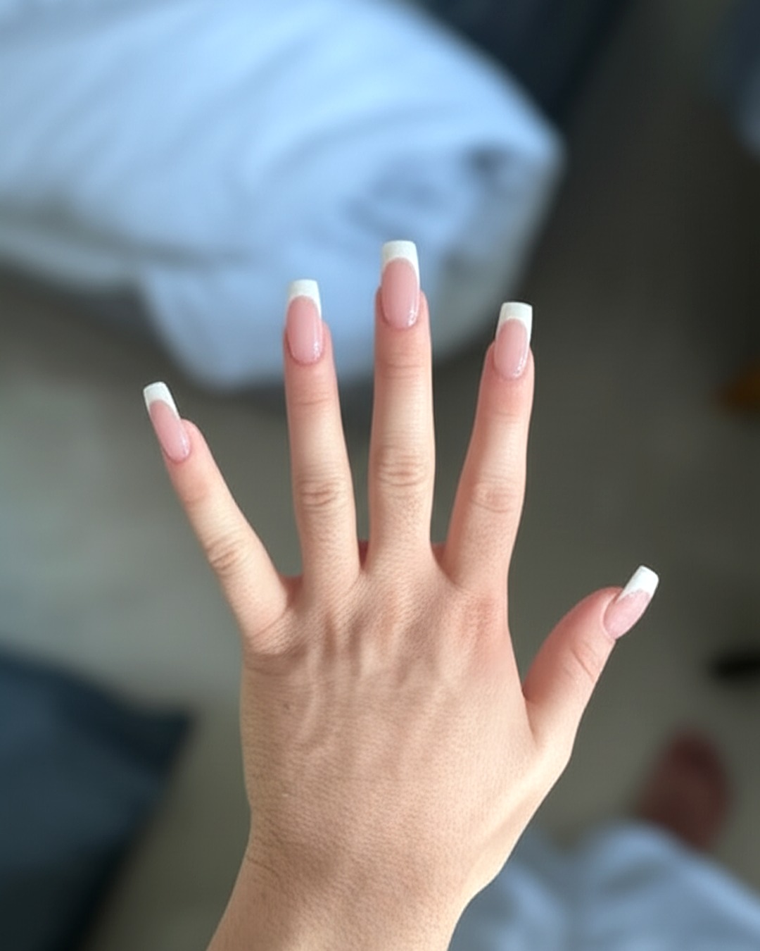 white square extra-long french tip nails with blush-pink base and glossy finish - virtual try-on result