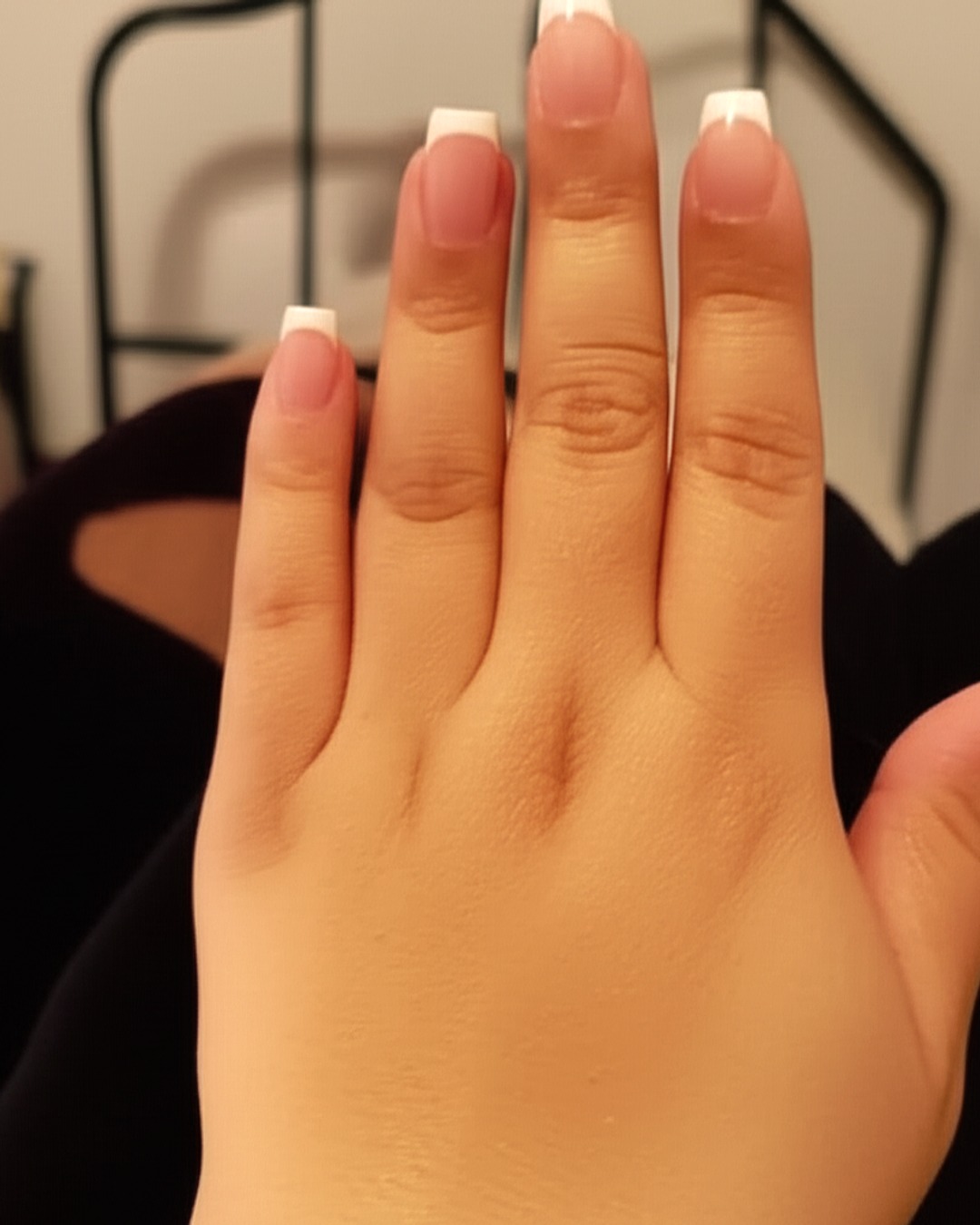 white french tip nails with clear base, coffin shape, medium length, chrome finish