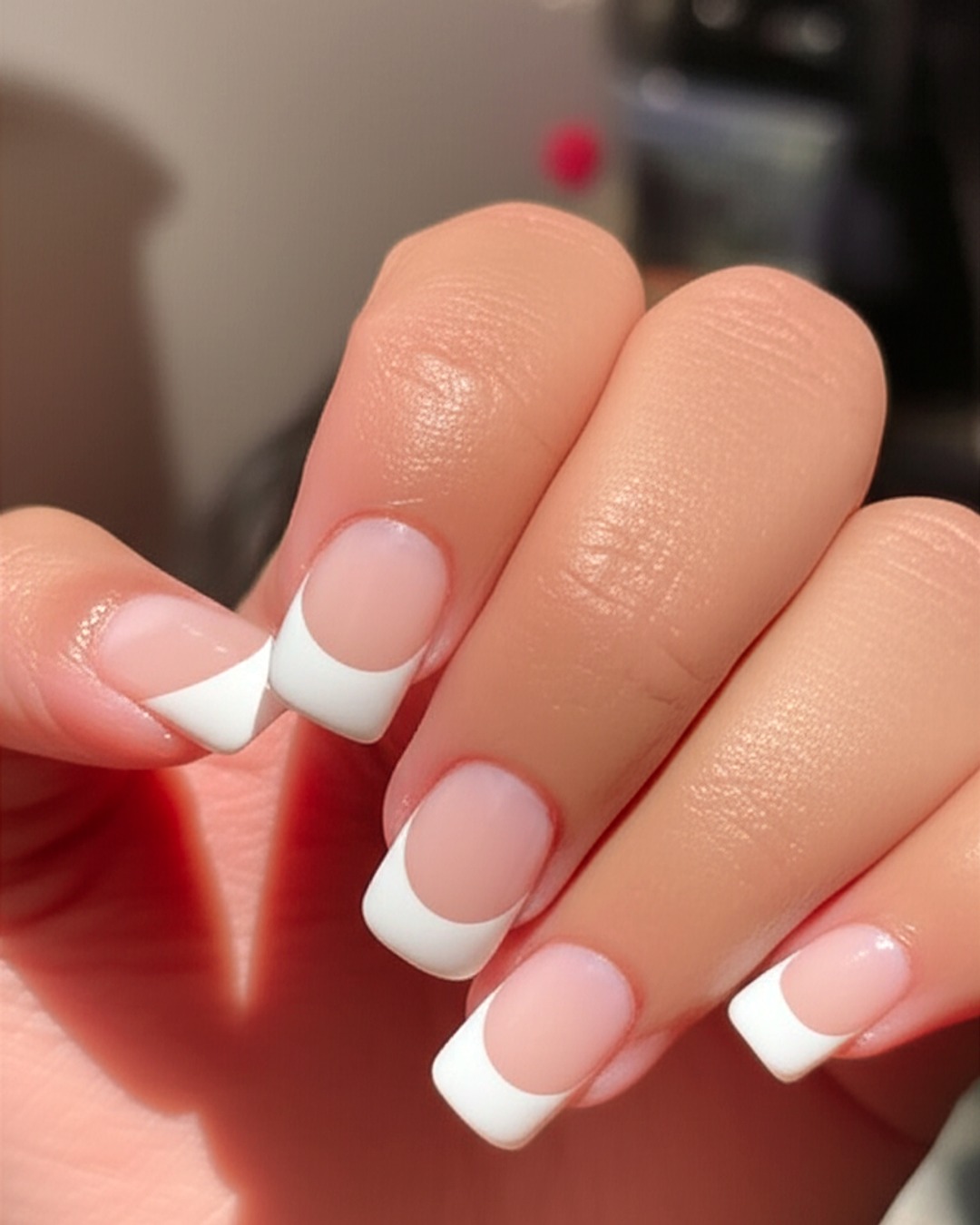 white french tip nails with blush-pink base, squoval shape, long length, glossy finish