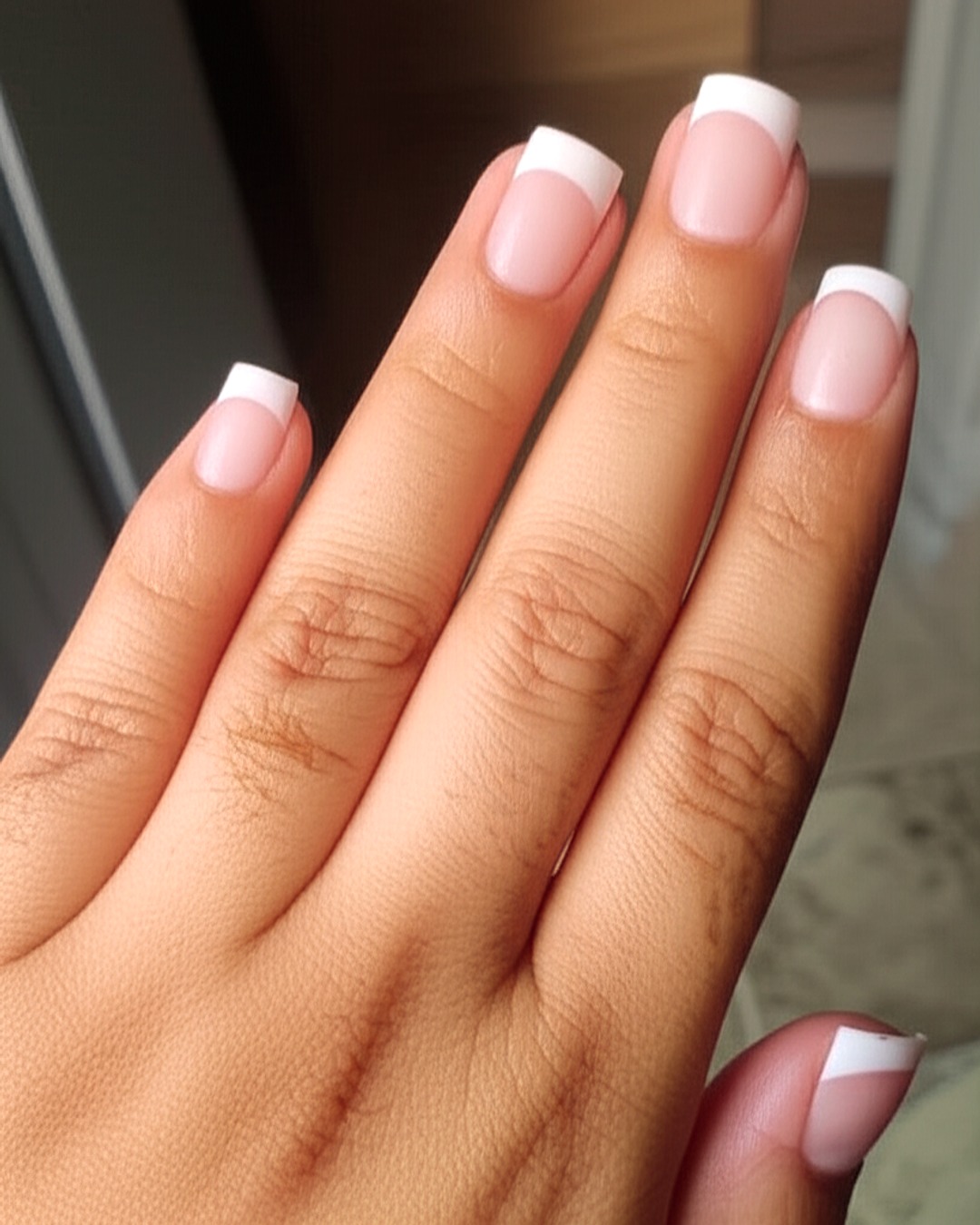 white french tip nails with natural base, square shape, medium length, glossy finish
