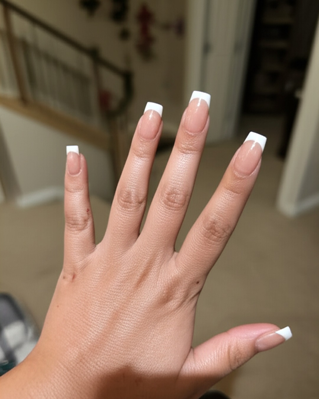 white square French Tip Nails - medium glossy white french tip nails with nude base, square shape, medium length, glossy finish
