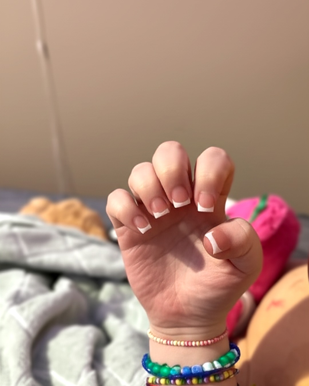 white square French Tip Nails - medium glossy white french tip nails with nude base, square shape, medium length, glossy finish